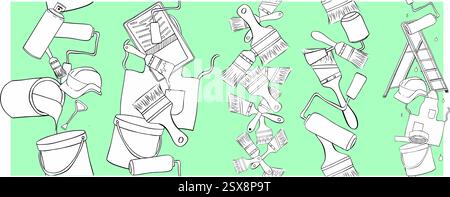Painter tools seamless vertical border set. Graphic line ink vector Painting tools, art supplies. Paint can opener, color can, apron, bucket, can, Rol Stock Vector