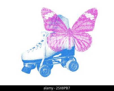 Roller skate with butterfly wings in halftone effect. Blue and pink duotone illustration on white background Stock Vector
