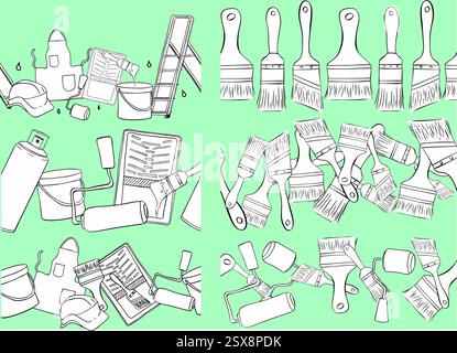Graphic line ink vector seamless border set with painter tools Isolated on transparent background. Paint can opener, color can, apron, bucket, can, Br Stock Vector
