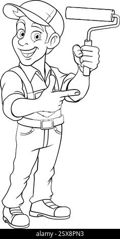 Painter Decorator Cartoon Paint Roller Handyman Stock Vector