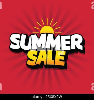 Summer sale banner design with 3d text and sun vector illustration on red color retro background. Summer holidays discount label, sticker, tags Stock Vector