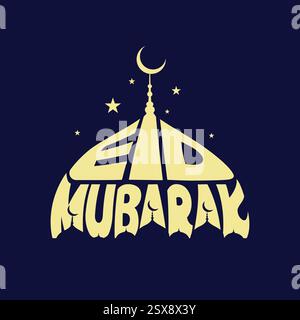 Eid greeting card with creative typography design on a mosque icon. Eid Mubarak banner, poster, template for celebrate Islamic religious festival. Stock Vector