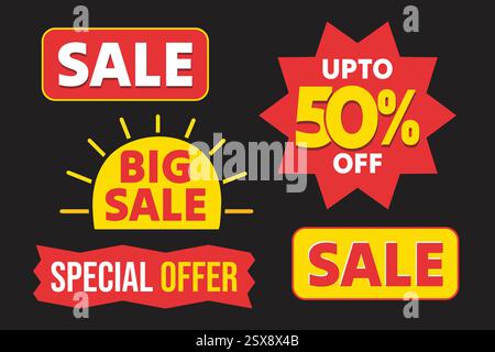 Set of sale tags and labels for Business advertising and marketing. Special offer, big sale, 50% off banner, template, poster. Discount logotype Stock Vector