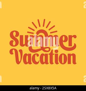 Summer vacation banner design with sun icon on yellow background. Summer logotype sticker for poster, template, flyer, greeting card, t shirt print. Stock Vector