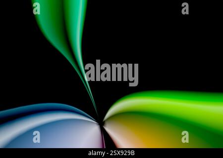 abstract background, fluid ornate 3d wave shapes. vertical leaf. colorful horizontal in lower third. teal blue, yellow, green gradient on black, copy Stock Photo