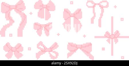 Pixel Art Coquette Pink Ribbon Bows in 8-bit style. Isolated girly vintage hair braiding accessory retro aesthetics. Vector illustration. Y2k trendy p Stock Vector