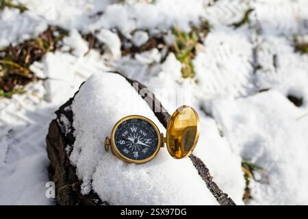 Golden compass on a covered in snow tree stump log, forest winter hiking concept, soft focus Stock Photo