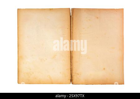 Empty yellowed pages in a opened vintage book, isolated on white background Stock Photo