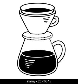 Pour over drip coffee making method. Black and white doodle. Simple hand drawn cartoon vector illustration. Stock Vector