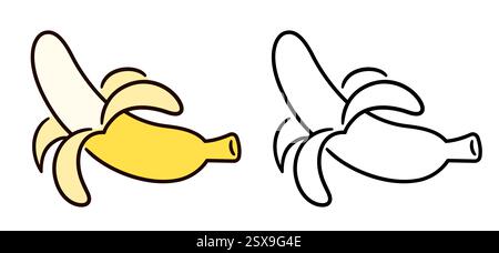 Peeled banana, hand drawn doodle icon. Black and white and color sign. Simple drawing, vector clip art illustration. Stock Vector