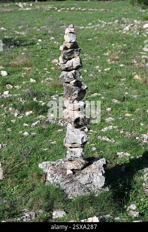 Rock Stack, Rock Balancing, Stone Balancing, Rock Stacking, Pile or Column of Stones in the Luberon Regional Park Provence France Stock Photo