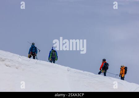 Alpine climbers rope team on a glacier in Chamonix valley training the ...