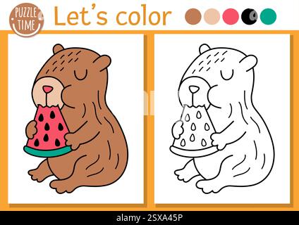 Capybara coloring page for children with cute animal eating watermelon. Vector capibara outline illustration. Color book for kids with colored example Stock Vector