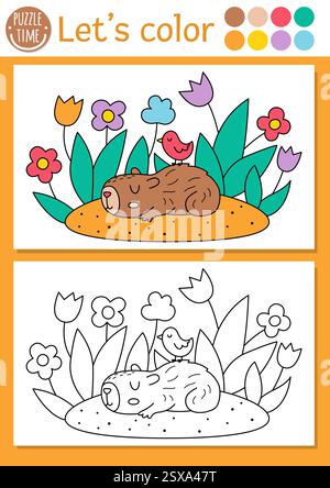 Capybara coloring page for children with cute animal sleeping in flower garden. Vector capibara outline illustration. Color book for kids with colored Stock Vector