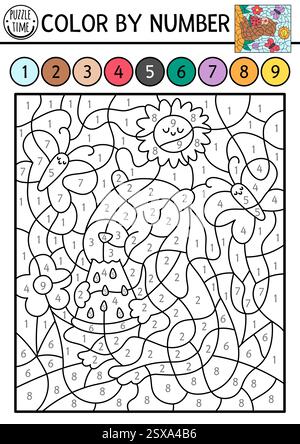 Vector capybara color by number activity with animal eating watermelon. Nature landscape scene. Black and white counting game. Coloring page for kids Stock Vector