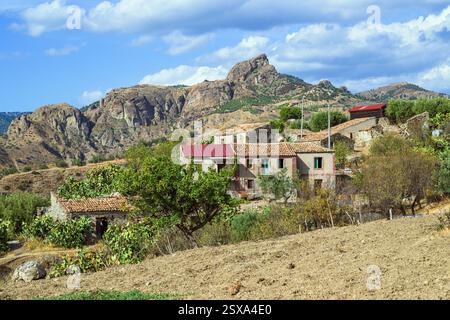 Olive groves and mountains around Ghost Town, Pentedattilo Village, Calabria, Italy, Europe Stock Photo