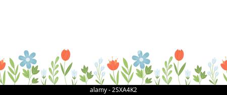 Seamless horizontal border with cute wildflowers and leaves Botanical background in hand drawn style Stock Vector