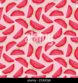 Seamless hand drawn vector, tropical fruits watermelon. Cute summer pink texture background fabrics, Watermelon slice, textile print. Templates Stock Vector