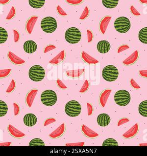 Seamless pattern vector with cute tropical fruits watermelon. Cute summer pink texture background fabrics, Watermelon slice, textile print. Templates Stock Vector