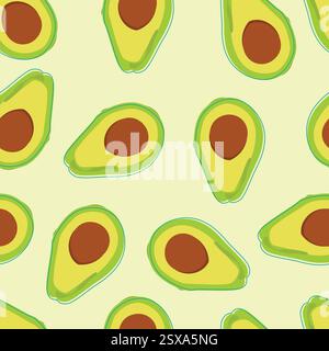 Seamless hand drawn vector, tropical fruits Avocado. Healthy food, vegans. Halves avocado. Botanical,Tropical exotic fruits. For menu, café, wallpaper Stock Vector