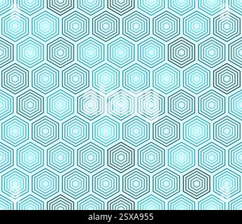 Tileable Hexagon Pattern. Cyan color tones gradients. Hexagon stacked mosaic cells. Hexagonal cells. Seamless pattern. Tileable vector illustration. Stock Vector