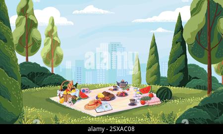 Picnic background. Park grass lawn. Lunch basket on blanket. City spring landscape. Mat on meadow. Summer food scene. Nature scenery. Urban skyscrapers on horizon. Vector outdoor relaxation banner Stock Vector