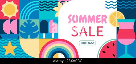 Summer pattern. Geometric fruit design, abstract orange juice or lemon, pineapple shape poster. Watermelon and ice cream, marine waves. Sale banner, tropical discount, special offer. Vector background Stock Vector