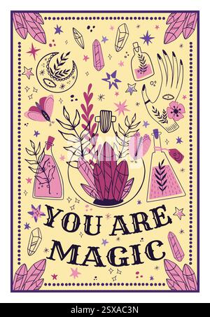 Boho good vibe. Magic line isolated elements. Bohemian mysterious ornament. Tarot cover. Motivation poster. Nature garden decorative print. Ethnic pattern. Esoteric mystery graphic vector illustration Stock Vector