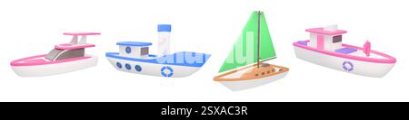 3d boat. Fishing ship. Summer yacht cruise. Transport in sea water. Maritime ocean travel. Sailboat fishery industry. Transportation trip. Speedboat tour. Motorboat voyage. Vector render icons set Stock Vector