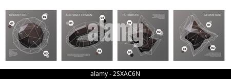 Abstract banners. 3D geometric shapes with line grid structure. Render black sphere. Wireframe texture. Hipster polygon diamond space or cosmic science graphic. Minimal forms. Vector backgrounds set Stock Vector