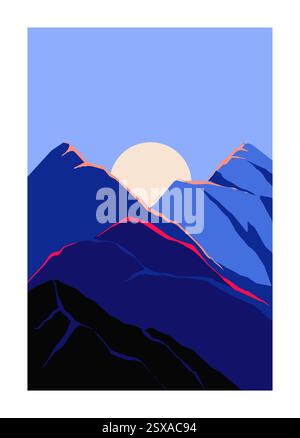 Abstract landscape poster. Mountain night background and bright moon. Geometric hills and rocks. Blue sky. Simple decorative backdrop. Artwork minimal cartoon flat style isolated vector illustration Stock Vector