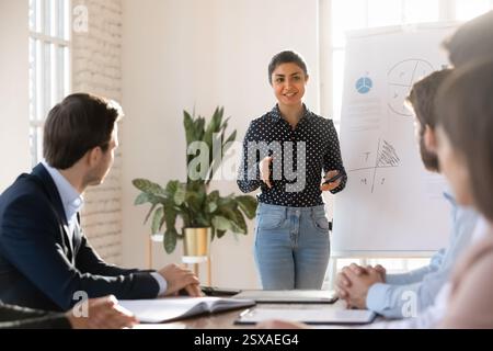 Female business coach speaker giving flipchart presentation Stock Photo