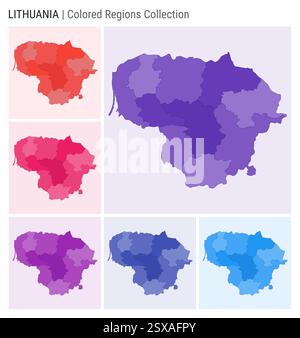 Lithuania map collection. Country shape with colored regions. Deep Purple, Red, Pink, Purple, Indigo, Blue color palettes. Stock Vector