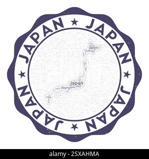 Japan logo. Attractive country badge with word cloud in shape of Japan. Round emblem with country name. Awesome vector illustration. Stock Vector