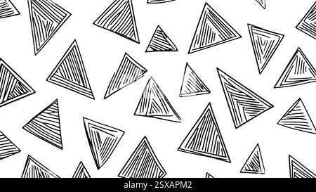 Hand-drawn triangle pattern. Black geometric shapes with inner line details. Textile print, wallpaper, or branding design. Minimalist sketch art on Stock Vector