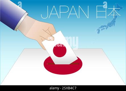 Japanese elections, Japan, ballot box with national flag and hand, vector illustration Stock Vector