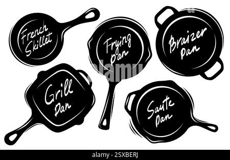 Frying pan silhouette clipart bundle, French skillet, braizer pan, saute pan, grill pan vector silhouette set Stock Vector