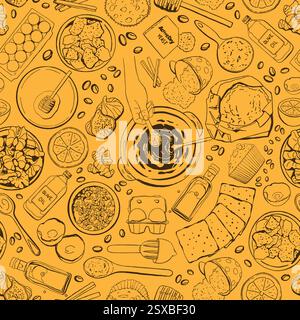 Bakery seamless pattern - eggs, honey, nuts, flour, baking soda and other baking ingredients. Hand-drawn illustration will be suitable for bakeries, c Stock Vector