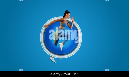 Sporty Woman Exercising Doing Elbow-To-Knee Crunch Standing On Blue Background Stock Photo