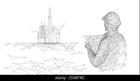 Engineer and oil rig. Abstract 3d floating rig platform Stock Vector