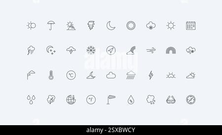 Summer hot sun and moon in eclipse, winter snowflake and storm, umbrella, clouds thin black outline symbols vector illustration. Weather forecast and climate change, meteorology line icon set Stock Vector