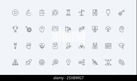 Seminar presentation, career thin black outline symbols vector illustration. Business conference, training event for audience and workshop, knowledge from coach and mentor line icon set Stock Vector