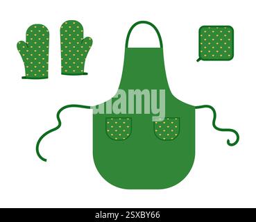 Set of Aprons, Oven Gloves and potholder green cartoon heart pattern Fashion accessory clothing technical illustration garment. Vector for Men, women, unisex style template on white background Stock Vector