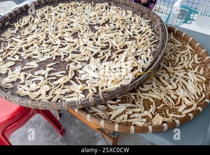 Traditional way of drying Lo Pak, mooli or turnips on a woven bamboo tray out in the sun. Stock Photo