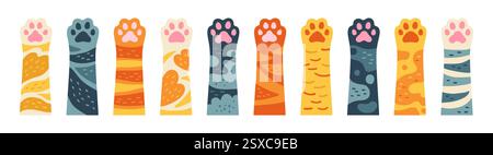 Cats paws cartoon set. Row of different cat kitten palm up, cute furry hands art. Horizontal banner for pet store in flat style design. Collection of pets feet various fur colors. Vector Illustration Stock Vector