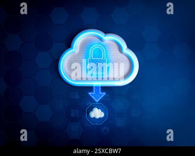 Cloud computing infrastructure technology, data storage, security encryption concept. Digital lock icon with binary code in big cloud migrate to small Stock Photo