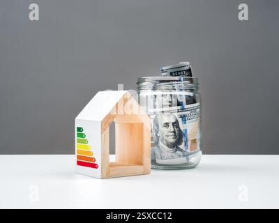 Efficient energy concept, sustainable energy efficiency saving home. One hundred dollars bill banknotes in glass jar near white house model with rate Stock Photo