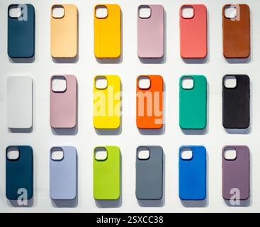 Multicolor of back covers for smartphone isolated on white background. Colorful mobile phone case with empty space for camera lens, showing on white w Stock Photo