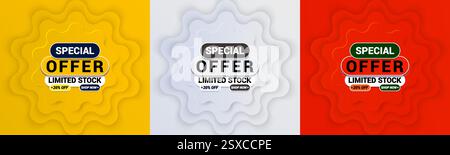 Banner template for end-of-year sales. Red vector illustration. "Special offer" design template.  Exclusive Discount. Updated Offer. Super shop label Stock Vector