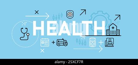 Health flat color header healthcare protection medical doctor checkup diagnosis consultation telemedicine treatment epidemiology medical technology Stock Vector
